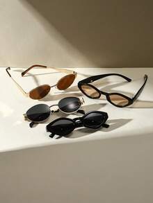 4 件套复古时尚眼镜套装（2 副金属椭圆形镜框 + 2 副塑料几何镜框），男女通用太阳镜，是海滩度假的理想之选 - 彩色 - 查看 2