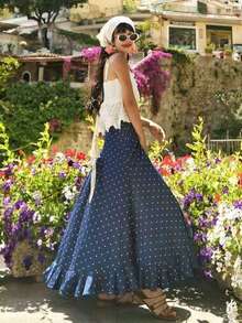 Solstice Apparel 藏蓝色波点不对称荷叶边下摆长裙，高腰侧开衩修身连衣裙，波西米亚度假风，适合日常通勤、外出和约会，春夏百搭下装 - 藍色 - 查看 3