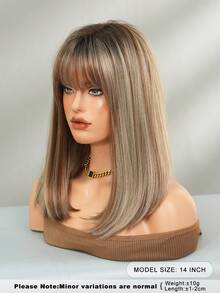 AKAKO 棕色挑染波波头假发，带刘海，14英寸短直发，女士齐肩长度，合成刘海假发，外观自然，耐热，适合日常、万圣节派对等场合，Y2K和哥特风格假发配件 - 挑染棕色 - 查看 4