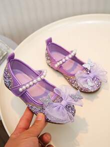 1 Pair Girls' Multi-Color Butterfly Rhinestone Shoes, Pearl Decor Princess Soft Bottom Shoes, Suitable For Spring, Summer, Birthday Party, School Performance, Ethereal And Gentle Little Shoes - Purple - View 4