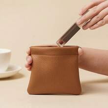 1 Piece Of Real Soft Leather Automatic Tight Earphone Storage Bag New Spring Design Data Cable Storage Coin Purse Wear-Resistant And Soft Suitable For Students And Office Workers Textured Items - Medium-sized Brown Shrapnel Pouch - View 3