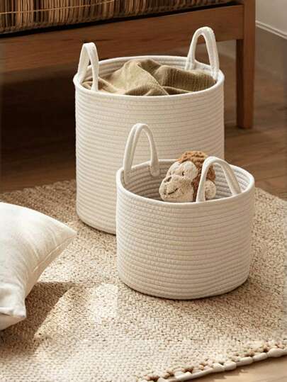 3pcs Foldable Woven Laundry Basket With Handle, Multifunctional Large Capacity Storage Basket, Available In Yellow And White, 1pc Suitable For Storing Clothes, Blankets, Toys, Holiday Items, Home Decor, Applicable In Laundry Room, Bathroom, Bedroom, Living Room, Hallway, Etc.
