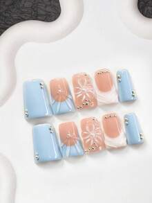 10pcs Set Soft Milky White Nail Gel Kit, Acrylic Press-On Nails, Handmade 5-Petal Flower Design, Solid Color Wavy Nail Decor, Silver Round Rhinestone Accent, Transparent French Style, Blue & White Nail Polish, Great Gift For Women & Girls, Nail Tools Included Nail Supplies Handmade Press On Nails - Multicolor - View 13
