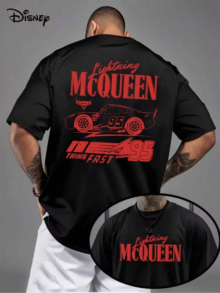 Genuine Authorization 1 Piece, Retro Disney Lightning McQueen Shirt, Disney Car, Adult Men's Casual Shirt, Short-Sleeved Loose Breathable T-Shirt In Summer. - Black - View 1