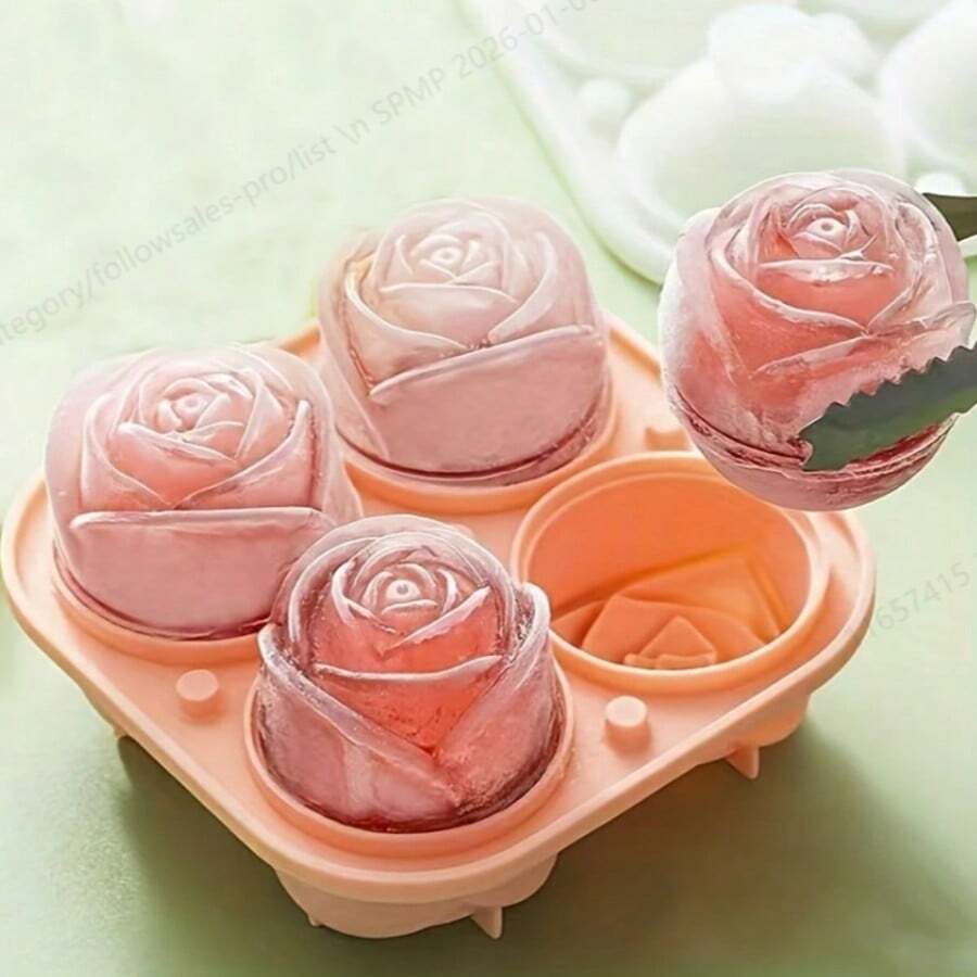 1pc 4-Grid Rose-Shaped Ice Cube Mold - Multifunctional Chocolate, Jelly, Cocktail, Whiskey Tray For RV Party, Kitchen, Refrigerator - Perfect For Bakery, Party, And Everyday Use