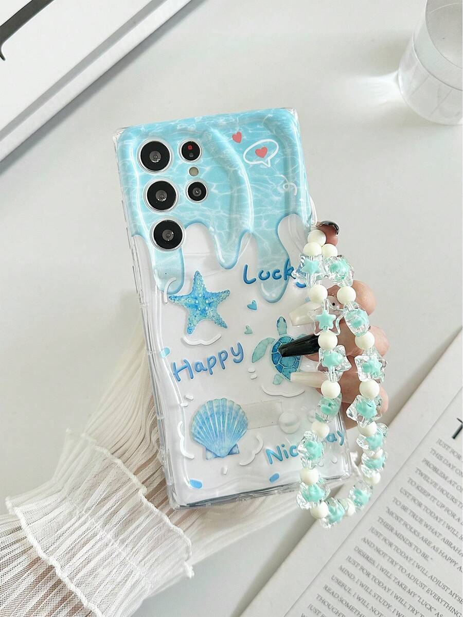 Cream Wavy Edged Glossy Oil Sea Turtle Heart Shell Painted Anti-Drop Phone Case With Beaded Bracelet Accessory, Compatible With IPhone, Redmi