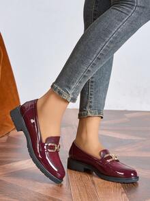 女士厚底乐福鞋，套脚款式 - 酒红色漆面工作鞋，金属扣圆头牛津鞋款莫卡辛鞋 - 酒紅色 - 查看 5
