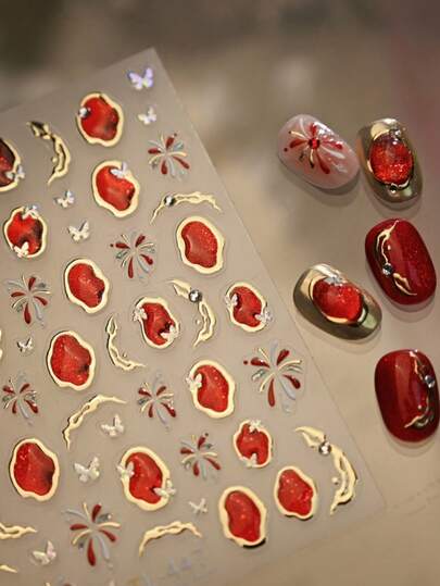 1pc Vintage Luxury Gilded Ruby Red New Year Firework Butterfly With Rhinestones Opulent Nail Art Stickers Self-Adhesive 5D Press On Manicure For Women Holiday Nail Decor Nails