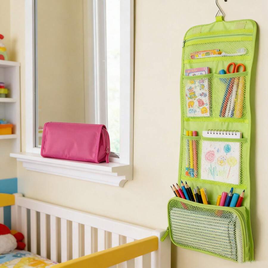 可折叠悬挂式收纳袋，壁挂式收纳整理架，适用于儿童房、工具收纳袋、女士便携式旅行洗漱包 - 轻便可折叠带挂钩化妆品收纳包，适合飞机、露营、健身房，是女士户外探险、通勤或水疗之旅的理想洗漱用品收纳包。 - 彩色 - 查看 1