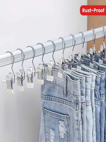10pcs Stainless Steel Pants Hangers With Clips - Space Saving Clothes Organizer, Metal Design Sturdy Clothing Hanger Clips For Jeans, Shirts And Hats, Efficient Wardrobe Storage, Closet Organizer | Smooth Metal Surface | Hanger Clips