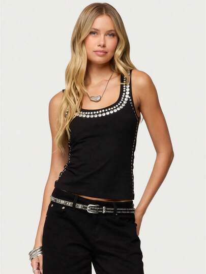 Women's Square Neck Silver Stud Trim Tank Tops Cute Summer Tops Slim Fit Basic Sleeveless Shirts