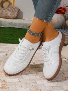 New Round Toe Hollow Breathable Women Casual Sport Shoes, Classic Lace-Up Backless Slip-On Fashion Color Block Flat Vacation Slouchy Shoes, European Size, Cross-Border E-Commerce,Sneakers For Women - Grey - View 2