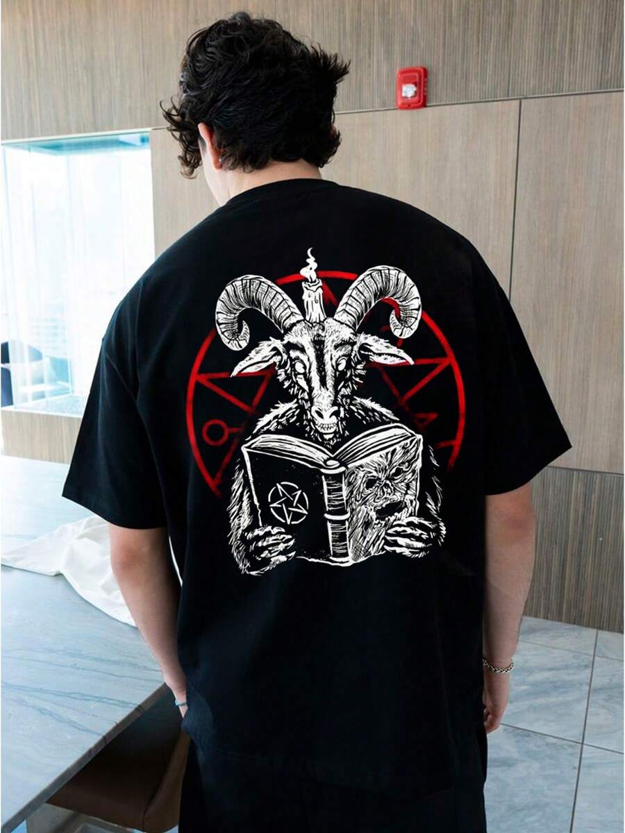 Men's Y2K Loose Soft Cotton T-Shirt With Goat And Book Print Gothic Symbol Design Black T-Shirt For Men S To 2XL Light And Not Stuffy Suitable For All Seasons Suitable For Daily Leisure Street Wear And Other Scenes - Negro - Ver 1