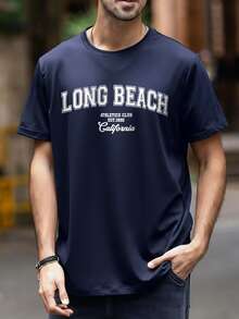 男士字母圖案T恤 - 藏蓝色 - 查看 2