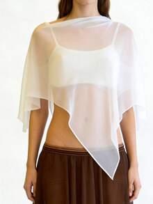 Women Chiffon Sheer Poncho Mesh Shrug Off Shoulder Cape Shawl Wraps Y2K See Through Ruffle Hem Flowy Vacation Outfits - 白色 - 查看 1