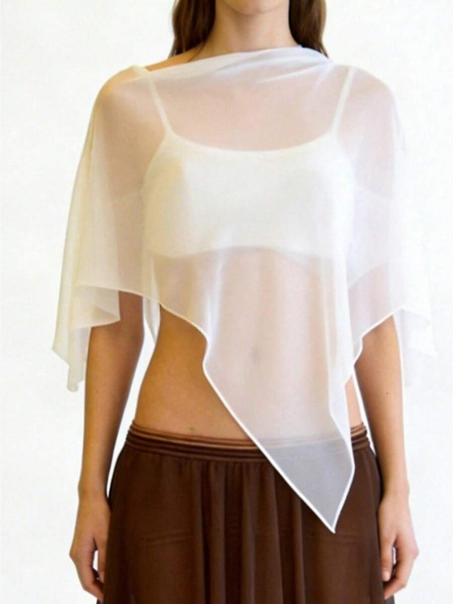 Women Chiffon Sheer Poncho Mesh Shrug Off Shoulder Cape Shawl Wraps Y2K See Through Ruffle Hem Flowy Vacation Outfits - 白色 - 查看 1