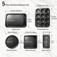 5件套不粘烘焙工具套装，包括圆形/方形蛋糕模具、玛芬模具、烤盘、烤箱烤盘，黑色厨房烘焙炊具套装，烘焙模具及用品 - 黑色 - 查看 3