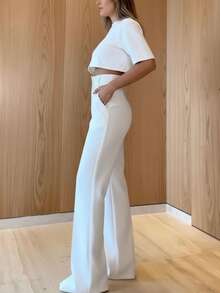 Conjunto casual elegante de 2 peças para primavera/verão, para deslocações diárias, escritório e negócios, conjunto casual feminino, conjunto feminino elegante, roupa árabe branca - Branco - Ver 5