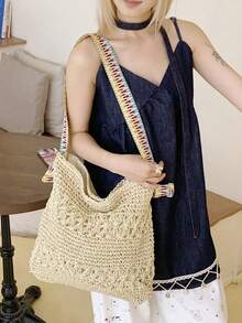 Women's Shoulder Bag, Crocheted Straw Woven Beach Style - Beige - View 1