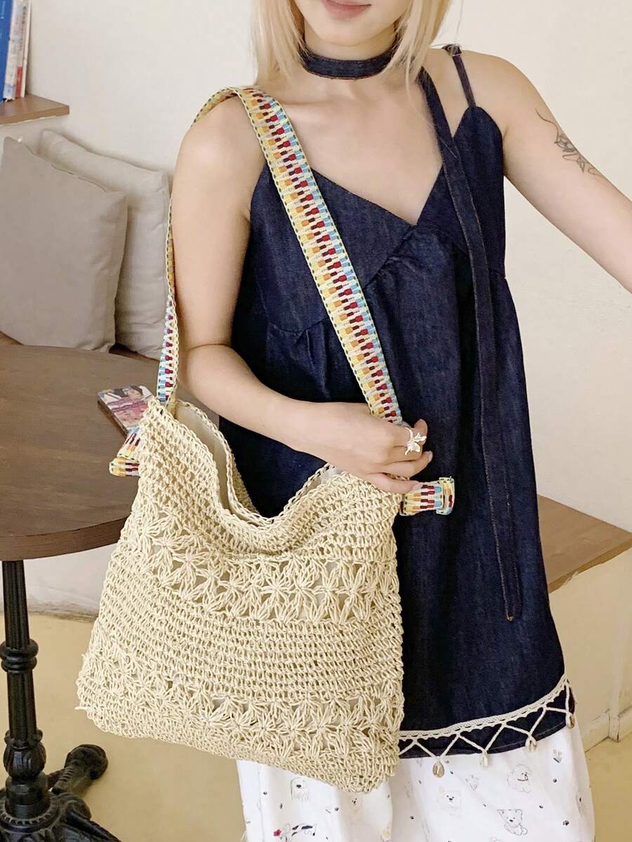 Women's Shoulder Bag, Crocheted Straw Woven Beach Style - Beige - View 1