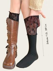 1 双女式白色蕾丝拼布过膝袜，复古风格，可搭配高筒靴 - 黑色 - 查看 6