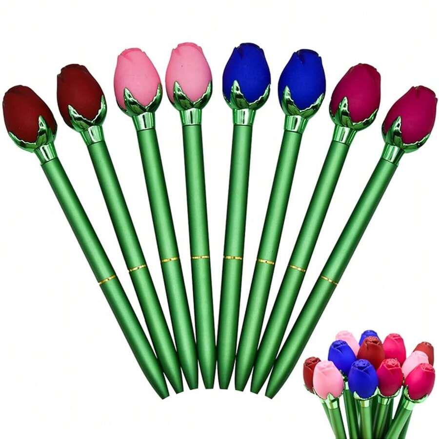 12 PCS Colorful Rose Flower Ballpoint Pen Novelty Floral Pens Retractable Metal Pen 4 Colors Black Ink For Schoolsss Home Office Wedding Birthday - Đen, Xanh dương, Đỏ, Hồng - Xem 1