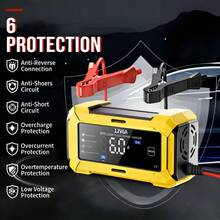 1个12V 6A智能液晶显示屏电池充电器，汽车电池充电器，适用于汽车、卡车、摩托车、割草机、船只等2-100Ah电池。具有电压检测、温度补偿、充满电自动停止功能，110V-240V~电源（欧规）。 - EU Plug - 查看 12