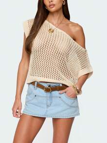 Women's Off Shoulder Sweaters Short Sleeve Hollow Out Knit Pullover Loose Fit Tops - 米色 - 查看 4