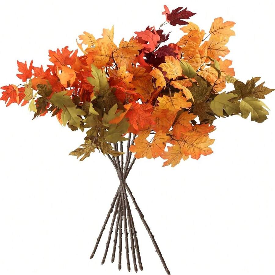Artificial Fall Maple Leaves Stems, 8 PCS Fall Decorations For Indoor Outdoor Halloween Than1ks 1giving Farmhouse Arrangement Decorations For Front Door Wedding Centerpieces In Autumn - 7色楓葉 - 查看 1