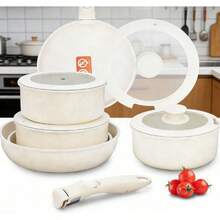 GMK Juego de Ollas y Sartenes de 11 Piezas, Bateria de Cocina Juego de Sartenes Antiadherentes con Mangos Desmontables, Juego de Sartenes Fácil de Limpiar (Crema Blanco 01) - Crema Blanco 01 - Ver 2