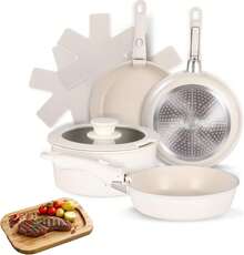 Juego de 5 Ollas y Sartenes Antiadherentes de Inducción, Batería de Cocina con Mango Desmontable, Juego de Utensilios de Cocina de Inducción de Color Blanco, con Sartenes y Cacerolas - 1 - Ver 1