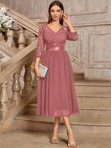 MIUSOL Elegant V-Neck Sequin Floral Lace Ruffle Chiffon 3/4 Sleeve Maxi Evening Dress - Dusty Pink - View 6