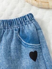 2件套女童休闲爱心印花短袖上衣T恤和短裤套装，夏季 - 灰色 - 查看 7