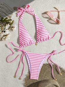wohenmeili Set Bikini Halter Bergaris untuk Liburan Musim Panas di Pantai - Garis-garis merah muda dan putih - View 2