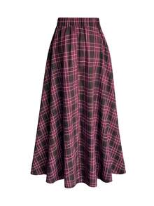 Chân váy maxi kẻ caro EARO Chic dành cho nữ, cạp cao, dáng chữ A, chất liệu len pha, thích hợp mặc đi làm. - Màu Hồng Tươi - Xem 3
