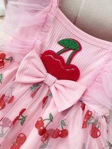 1pc Baby Girl Sleeveless Cherry Print Mesh Dress, Breathable Summer Outfit - Pink - View 5