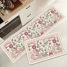 1/2/3pcs HUAJI Luxury Soft Pink/Beige/ Floral Non-Slip Mat - Heavy-Duty Rectangular Mat, High-Density Mat, Bathroom, Hallway - Machine Washable, Pink Tulip & Green Leaf Pattern (Easy Clean) - 40*60cm/15.7*23.6in (1 cái) - Xem 1