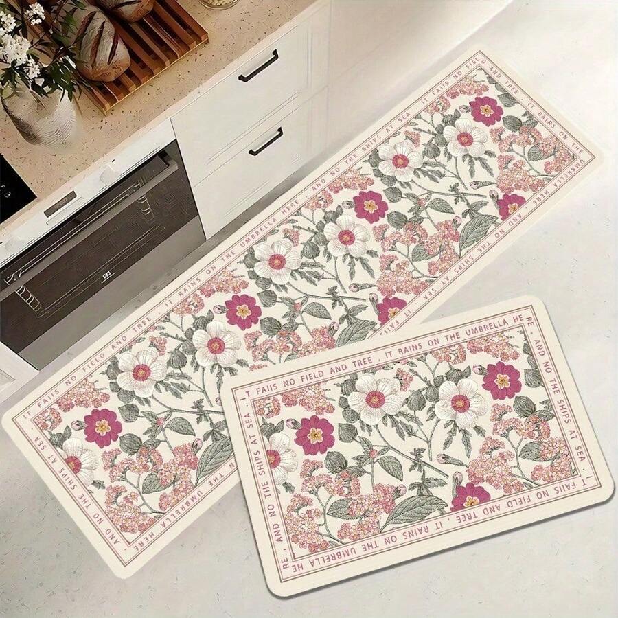 1/2/3pcs HUAJI Luxury Soft Pink/Beige/ Floral Non-Slip Mat - Heavy-Duty Rectangular Mat, High-Density Mat, Bathroom, Hallway - Machine Washable, Pink Tulip & Green Leaf Pattern (Easy Clean) - 40*60cm/15.7*23.6in (1 cái) - Xem 1