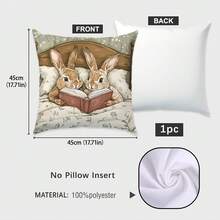 Cartoon Rabbit Reading Book Pillow Case | 17.72x17.72 Inch Peach Light Beige One-Sided Print For Sofa, Polyester, Machine Washable - Multicolor - View 3