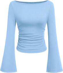 Womens Long Sleeve Shirts 2026 Spring Crop Going Out Tops Casual Boat Neck Sleeve Ribbed Ruched Y2K Clothes - Sky Blue - View 10