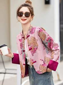 Jaket Pendek Wanita Gaya Cina dengan Kancing Katak Brokat Jacquard, Kerah Tegak, Jaket Pendek Vintage Lengan Panjang Jacquard Phoenix - Berwarna merah muda - View 2