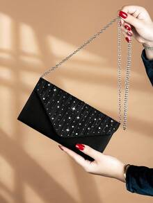 REMANLAND 1pc Elegant Pleated Rhinestone Decorated Women's Handbag, Fashionable Charming Ladies' Evening Clutch Bag, Envelope Style Small Square Bag With Hidden Card Slot, Shoulder Bag With Detachable Metal Chain, Ideal For Party Girls, Brides And Holiday Gifts - Black - View 3