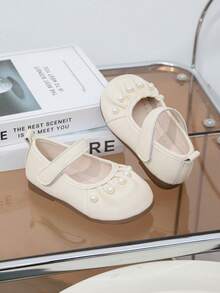 1 Pair Baby Girls Pearl Hook And Loop PU Comfortable Flat Slip-On Shoes, Suitable For Daily Outdoor Wear, All Seasons - Beige - View 5