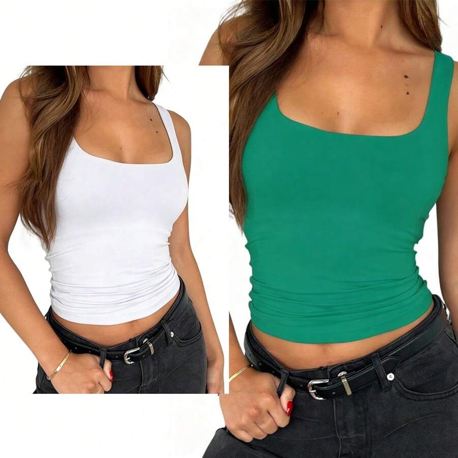 2pcs Women'S Sleeveless Strappy Tank Square Neck Double Layer Workout Fitness Casual Basic Crop Tops, Suitable For Sweet And Cool Styling, Soft And Wrinkle-Resistant - Trắng và xanh lá cây - Xem 1