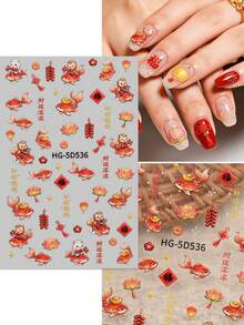 5片/套 中国新年卡通马3D美甲贴纸，节日气氛浓厚，中国风，马年主题，5D精致贴纸，适用于情人节、复活节、音乐节、婚礼季、狂欢节等场合，易于粘贴的美甲装饰，DIY，节日礼物，Y2K - 彩色 - 查看 5