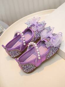 1 Pair Girls' Multi-Color Butterfly Rhinestone Shoes, Pearl Decor Princess Soft Bottom Shoes, Suitable For Spring, Summer, Birthday Party, School Performance, Ethereal And Gentle Little Shoes - Purple - View 5