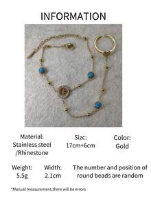 1pc Stainless Steel Zirconia Tree Of Life Pendant, Turquoise Beaded Bracelet & Finger Chain (Random Gold Bead Quantity) - Gold - View 2