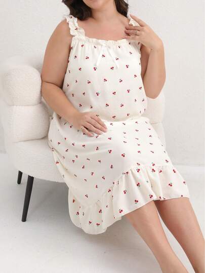 大码女式樱桃印花蝴蝶结荷叶边下摆休闲无袖中长连衣裙，可爱梭织面料吊带睡裙，带胸垫