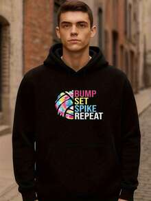 Bump Set Spike Repeat Volleyball Hoodie Hoodie Streetwear Adjustable Hood Friends Gothic Style Lovers Streetwear Concerts Motivational Quotes Minimalist Fleece Hoodie - 黑色 - 查看 1