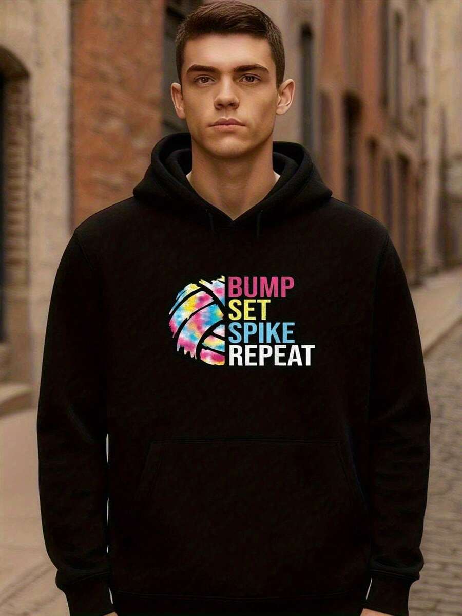 Bump Set Spike Repeat Volleyball Hoodie Hoodie Streetwear Adjustable Hood Friends Gothic Style Lovers Streetwear Concerts Motivational Quotes Minimalist Fleece Hoodie - 黑色 - 查看 1